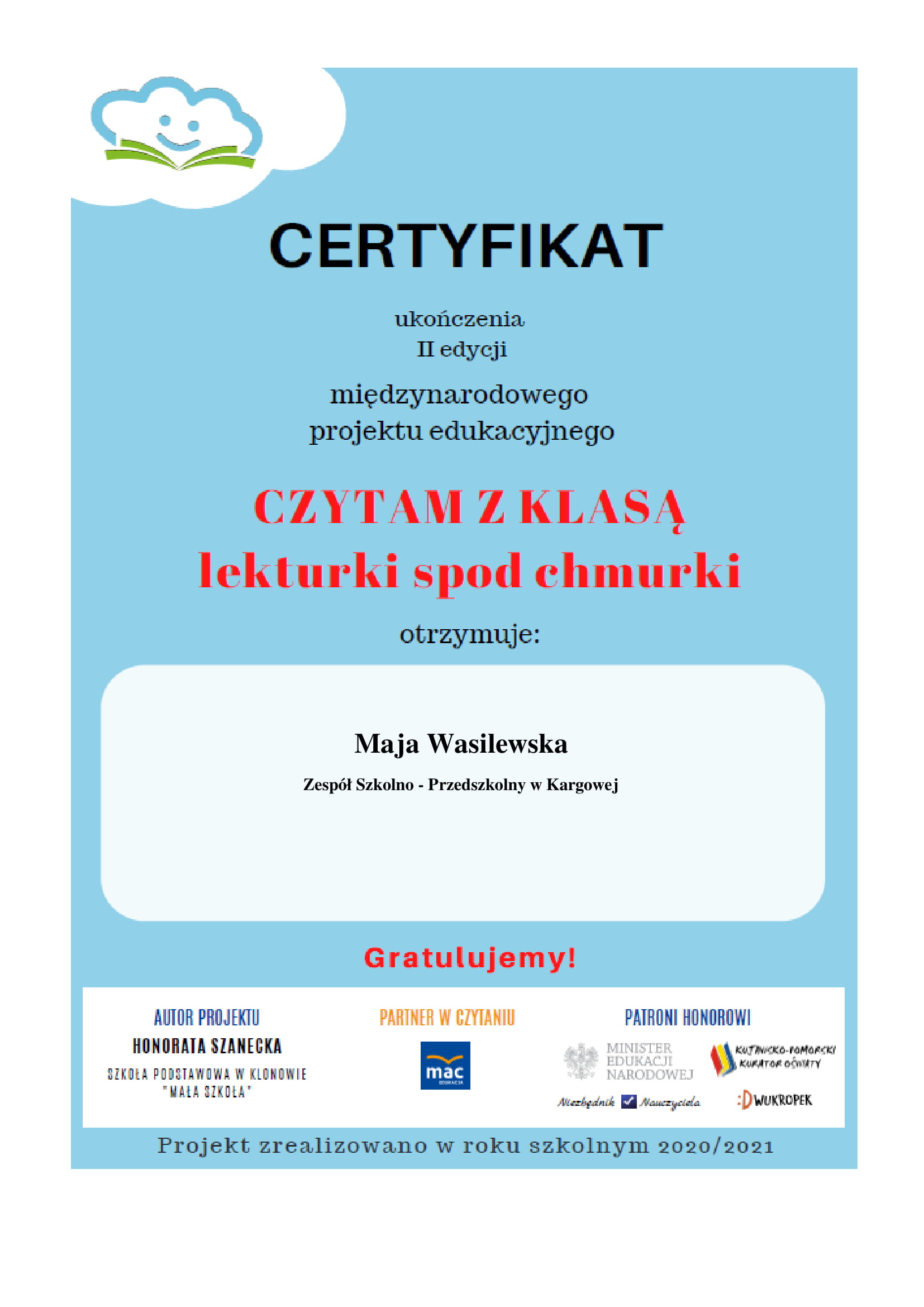 Maja Wasilewska Certyfikat Nauczyciela